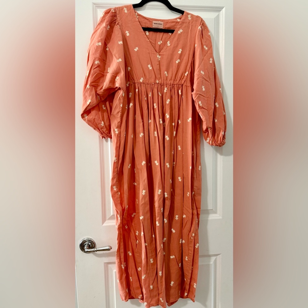 Bobo Choses Orangey-Pink Smocked Sundress with Bishop Sleeves